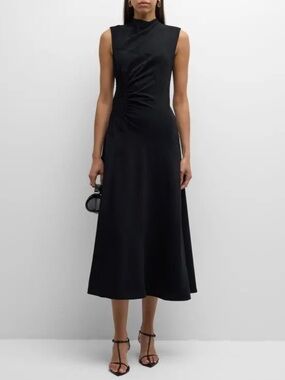 A.L.C. Black Side Gather Draped Midi Dress Jersey Knit Double Layer Size Small